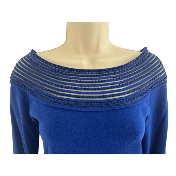 Boston Proper Blue Embellished Illusion Knit Sweater Top Shirt Size XS Evening - Picture 2 of 10